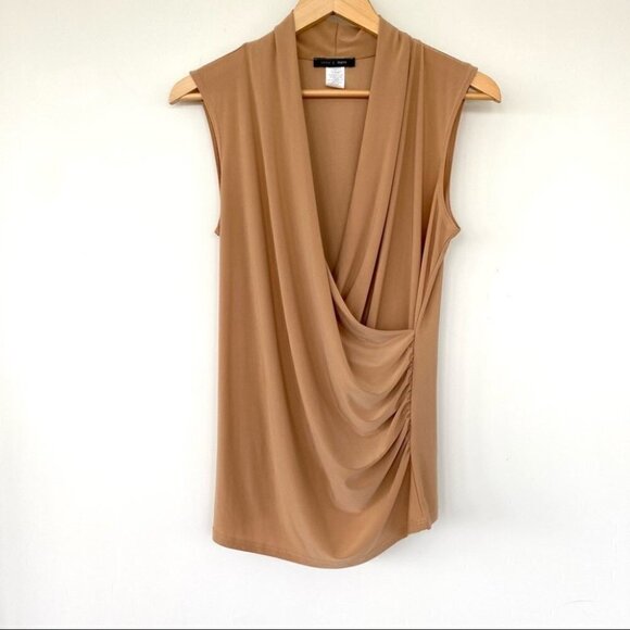 Jennie & Marlis Tops - Surplice sleeveless top  with ruching, stretch jersey knit